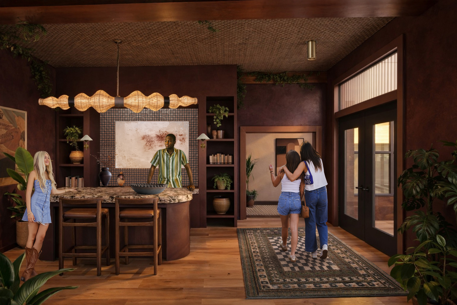 Rendering of a student housing club room featuring a communal game table, lounge seating, warm wood finishes and residents socializing.