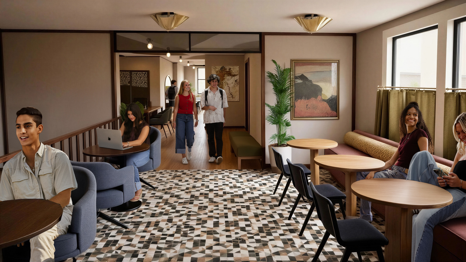 Rendering of a modern student housing study and coworking area with café seating, lounge chairs and residents working and studying.