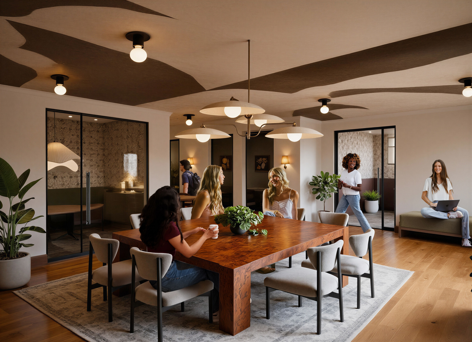 Rendering of The Heights College Station Coworking and Study Space complete with modern fixtures and furnishing