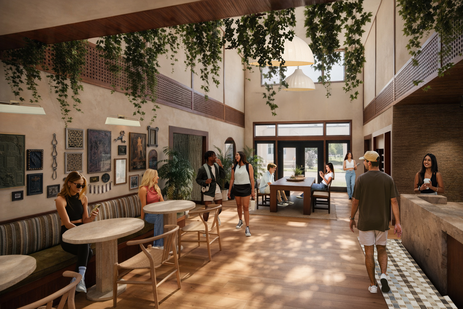 Interior lobby with modern finishes and greenery at The Heights College Station